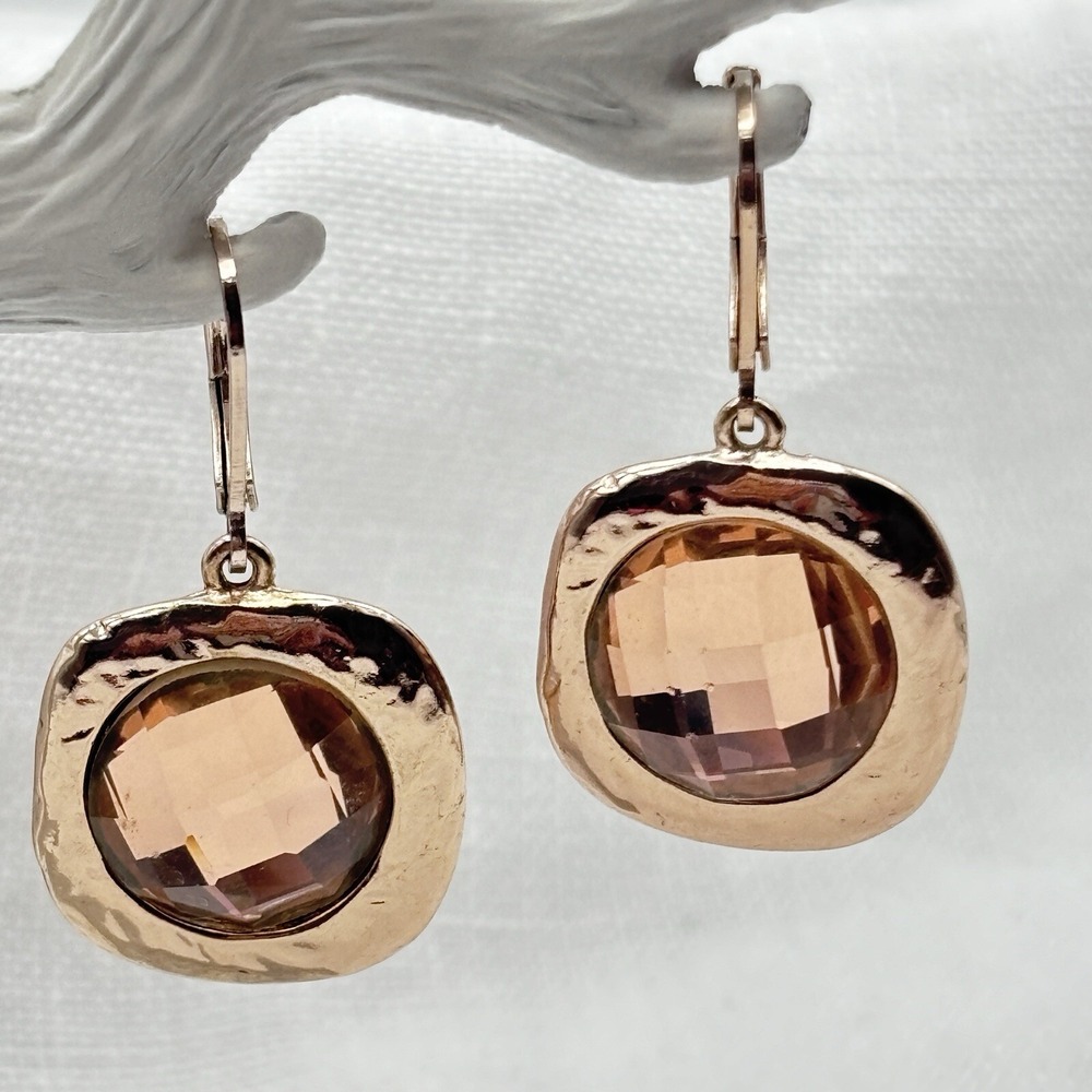 Sterling Rose Gold Tone Dangle Drop Pierced Earrings Faceted Peachy Pink Stone